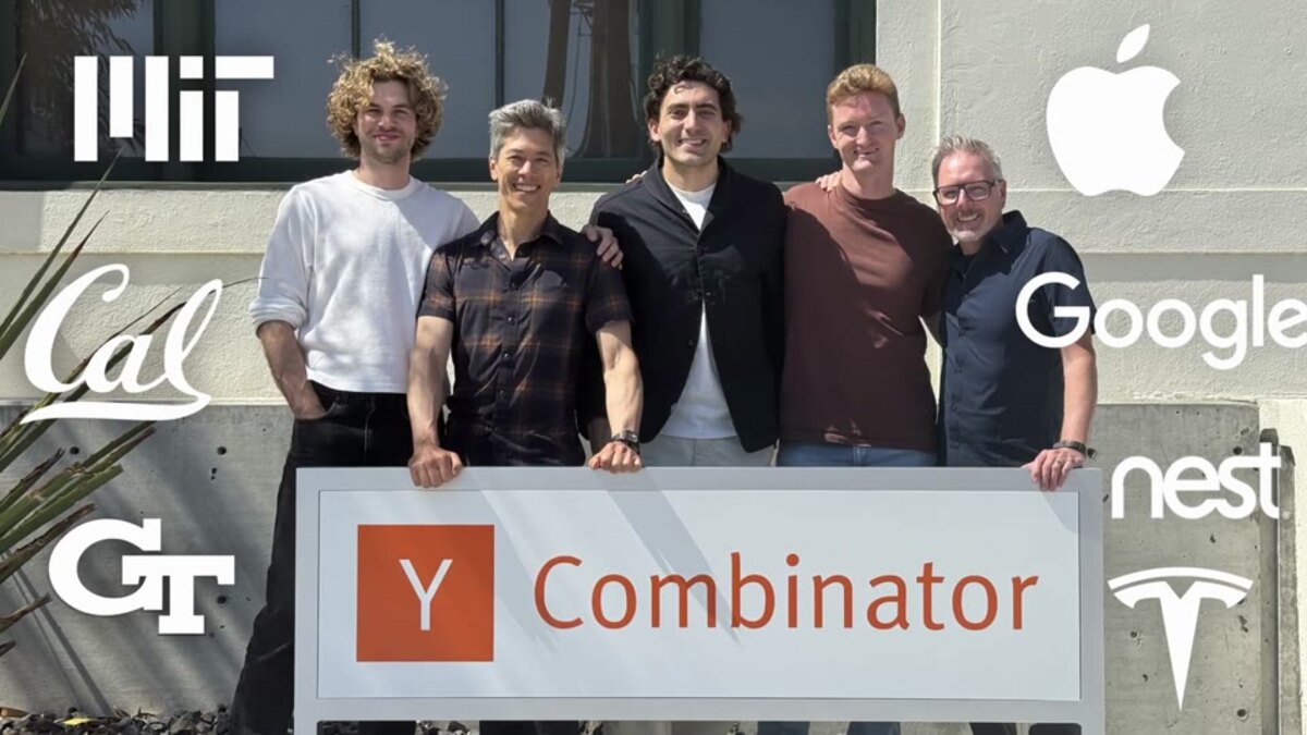 Fünf Personen mit einem Y-Combinator-Schild, umgeben von den Logos von MIT, Berkeley, Georgia Tech, Apple, Google, Nest und Tesla