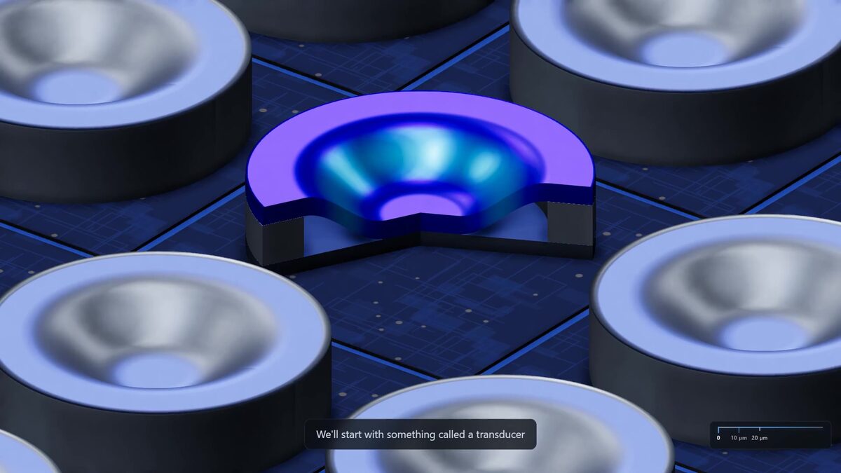 Nahaufnahme eines einzelnen leuchtenden Ultraschall-Wandlers in einem Raster gleicher Elemente